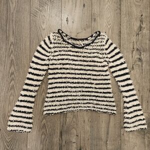 Free People Grunge Shag Dark Gray and White Knit Trumpet Sleeve Sweater Size S